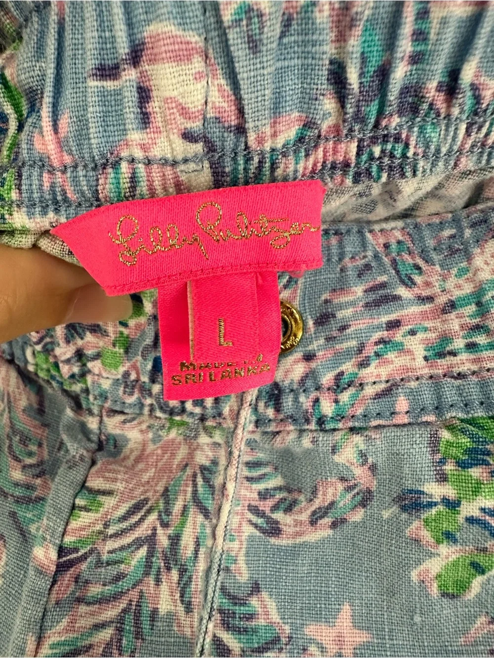 Lilly Pulitzer Taron Pants Women’s Large 100% Linen Blue Tropical Beach Print